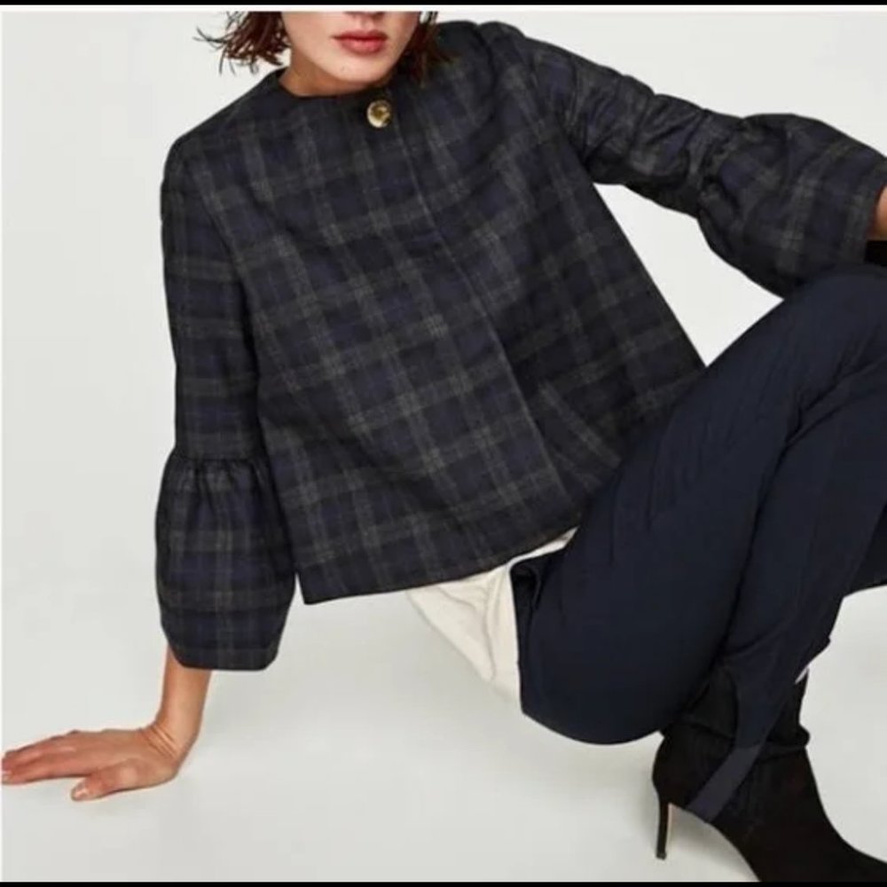 NWOT Zara Gray Navy Plaid Bell Sleeve Jacket size S